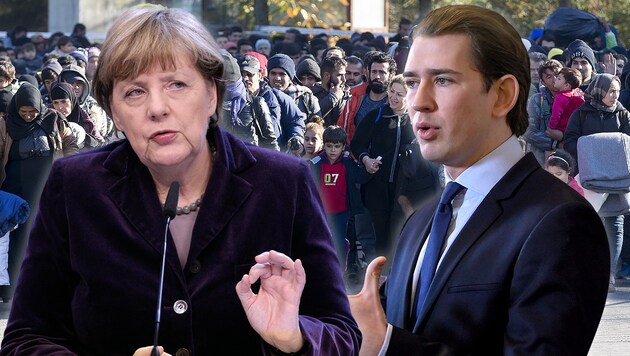 Kurz hat sich zurückhaltend zum Vorschlag von Merkel geäußert, die Verteilung von EU-Geldern mit der Aufnahme von Flüchtlingen zu verknüpfen. (Bild: APA/ERWIN SCHERIAU, AP, APA/ROLAND SCHLAGER, krone.at-Grafik)