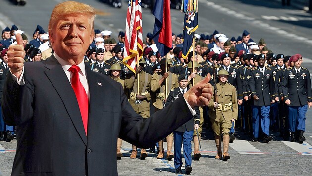 US-Präsident Donald Trump stören die hohen Kosten für die geplante Militärparade offenbar nicht. (Bild: AFP, krone.at-Grafik)