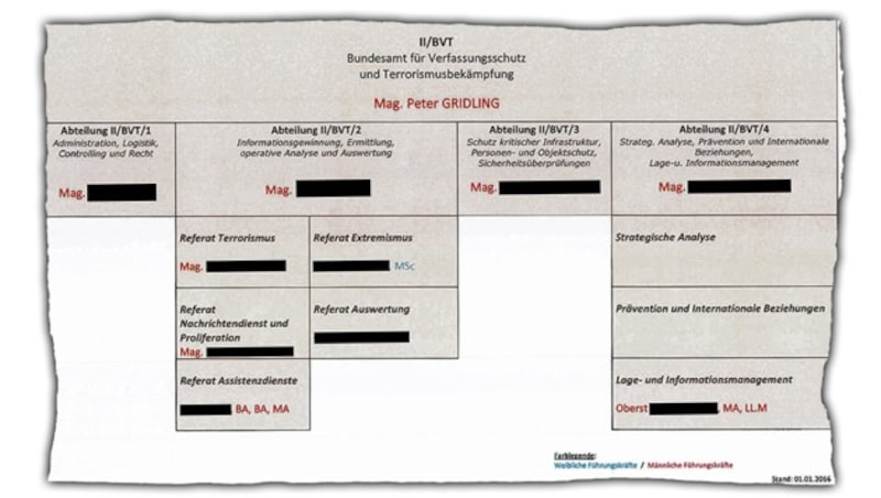 Ausriss aus dem im Internet einsichtigen Organigramm der Führungsebene des international renommierten BVT in Wien (Bild: BVT, krone.at-Grafik)