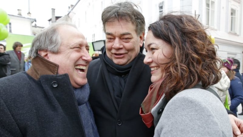 Kärnten-Spitzenkandidat Rolf Holub, Werner Kogler und Ingrid Felipe (Bild: APA/Gert Eggenberger)