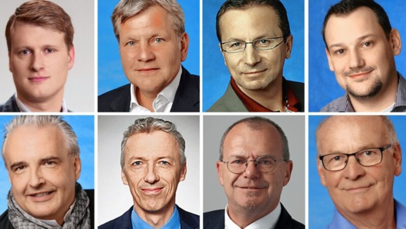 Von links: Matthias Friedrich (SPÖ), Oliver Drahosch (FPÖ), Karl Schwing (FPÖ), Michael Oberlechner (FPÖ), Kurt Kossek (FPÖ), Johannes Schreiber (ÖVP), Anton Mandl (SPÖ), Herbert Grausam (FPÖ) (Bild: SPÖ Wien, Grüne Wien, FPÖ Wien)