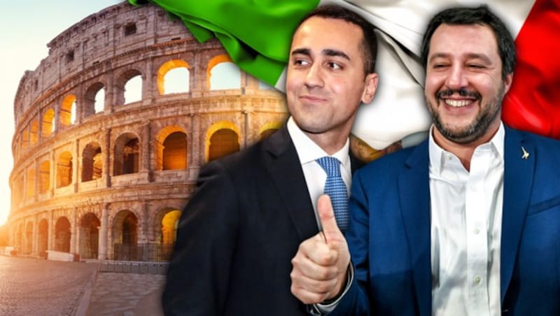 Nach der Parlamentswahl in Italien konkurrieren die rechtspopulistische Lega und die europakritische Fünf-Sterne-Bewegung um die Macht. Sowohl Lega-Chef Matteo Salvini (re.) als auch Sterne-Spitzenkandidat Luigi Di Maio beanspruchen das Regierungsamt für sich. (Bild: AFP, stock.adobe.com, krone.at-Grafik)