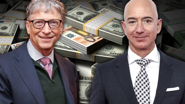 Bill Gates (links) und Jeff Bezos (Bild: GETTY IMAGES NORTH AMERICA, AFP, krone.at-Grafik)