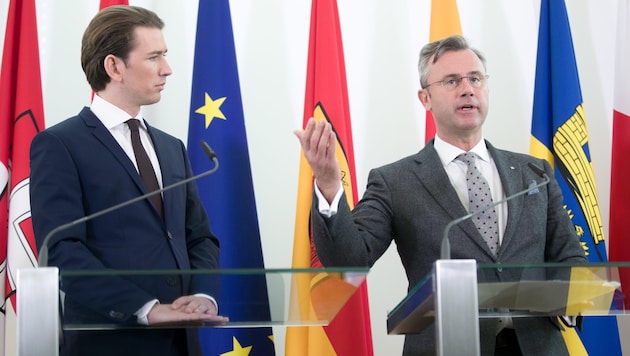 Sebastian Kurz (ÖVP) und Norbert Hofer (FPÖ) bei einer Presskonferenz unter Türkis-Blau (Bild: APA/GEORG HOCHMUTH)