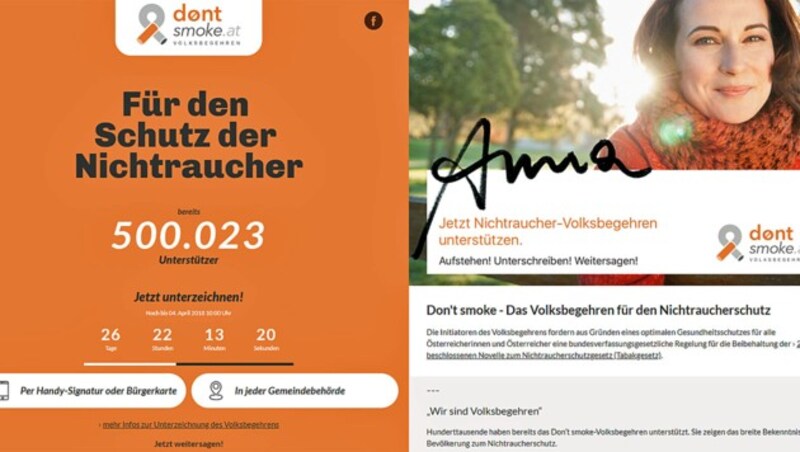 Am Donnerstagvormittag überschritt das „Don‘t Smoke“-Volksbegehren die Marke von 500.000 Unterschriften. (Bild: Screenshot/dontsmoke.at)