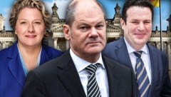 Svenja Schulze, Olaf Scholz, Hubertus Heil (v.l.) (Bild: SPD, AFP, stock.adobe.com, krone.at-Grafik)