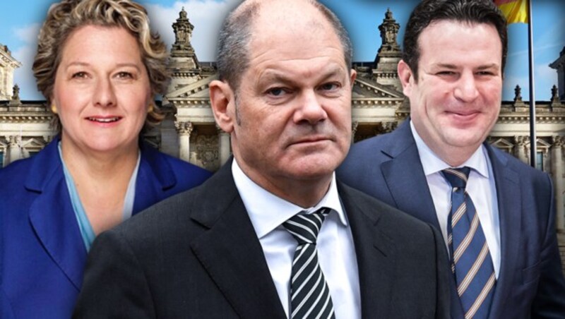 Svenja Schulze, Olaf Scholz, Hubertus Heil (v.l.) (Bild: SPD, AFP, stock.adobe.com, krone.at-Grafik)