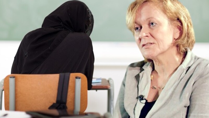 Susanne Wiesinger, Lehrerin und Personalvertreterin der sozialdemokratischen Lehrergewerkschaft, spricht offen über die mit dem Islam verbundenen Probleme an Wiens Schulen. (Bild: addendum.org, stock.adobe.com, krone.at-Grafik)