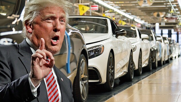 US-Präsident Donald Trump beklagt die unfaire Handelspolitik der EU und droht nun auch mit höheren Zöllen auf Autoimporte aus der Union. (Bild: APA/AFP/Thomas Kienzle, AP, krone.at-Grafik)