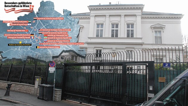 Die iranische Botschaft in Wien (Bild: "Krone"-Grafik , Andi Schiel, krone.at-Grafik)
