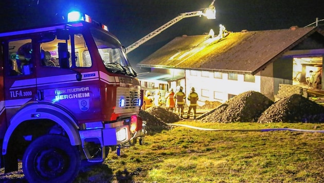 Mit der Drehleiter aus Oberndorf wurden die Helfer aufs Dach gehievt. (Bild: Markus Tschepp)