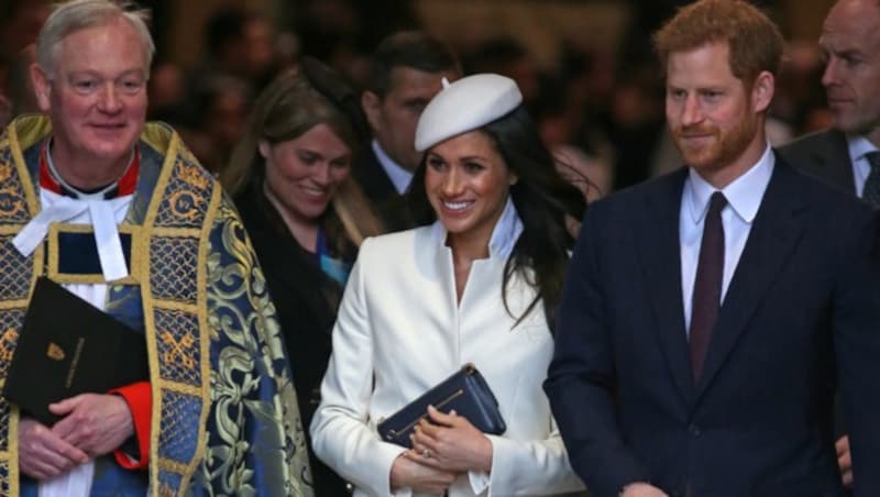 Reverend Canon David Stanton, Meghan Markle und Prinz Harry (Bild: AFP or licensors)