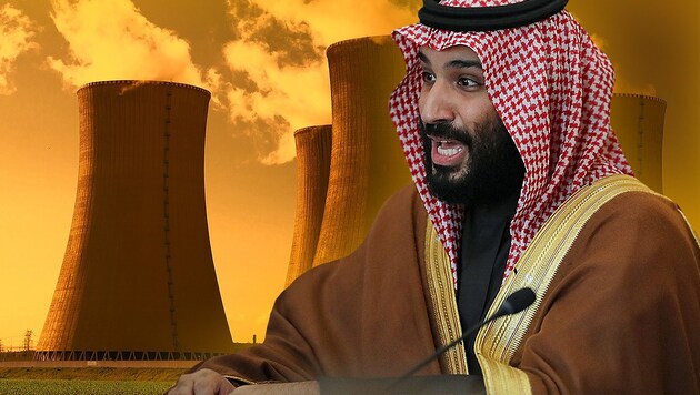 Kronprinz Mohammed bin Salman will die Energieversorgung seines Königreiches auf atomare Beine stellen. (Bild: APA/AFP/POOL/Dan Kitwood, stock.adobe.com, krone.at-Grafik)