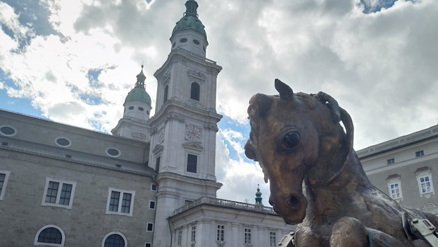 „Goldene Bukephalos“, das legendäre Kampfross Alexanders des Großen, thronte bis jetzt über dem Hof der Salzburger Residenz. (Bild: Max Grill)