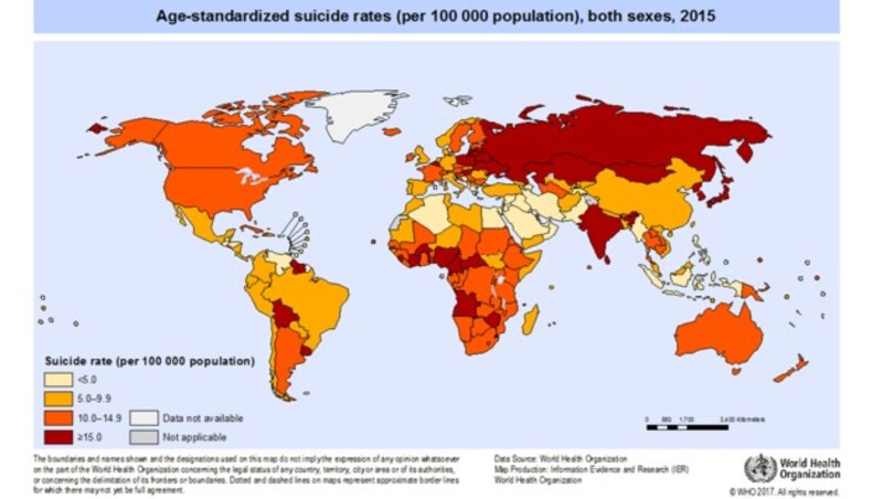 Diese WHO-Grafik zeigt die Länder mit der höchsten Selbstmordrate. Je dunkler, desto höher die Suizidrate. (Bild: WHO)