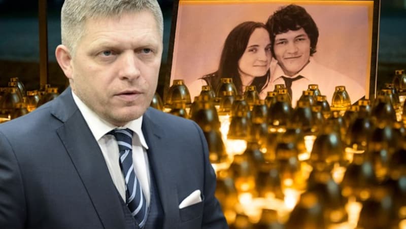 Der slowakische Ministerpräsident Robert Fico ist nach dem Journalistenmord enorm unter Druck geraten. (Bild: AP, AFP, krone.at-Grafik)