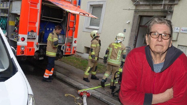 Feuerwehrleute fanden Peter T. tot in der Wohnung, Nachbarin Brigitte Redlinger (69) ist geschockt (Bild: BF Linz; Kerschbaummayr)