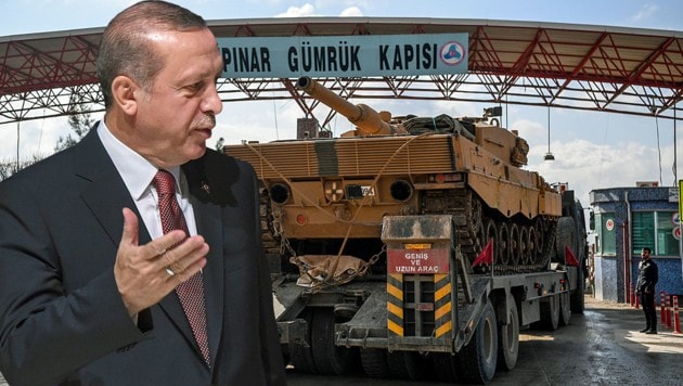 Präsident Recep Tayyip Erdogan greift die Kurden in Nordsyrien an und die deutsche Regierung liefert ihm die Waffen dafür. (Bild: APA/AFP/OZAN KOSE, krone.at-Grafik)