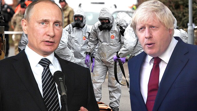 Der britische Außenminister Boris Johnson hat Russland Staatschef Wladimir Putin persönlich für den Giftanschlag von Salisbury verantwortlich gemacht. (Bild: AP, AFP, krone.at-Grafik)
