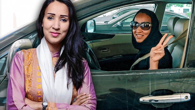 Der 17. Juni 2011 ging in die saudi-arabische Geschichte ein: Da setzte sich Manal al-Sharif trotz Fahrverbot ans Steuer eines Wagens. Ihre weltweite Initiativ führte zu einem Umdenken. (Bild: Free Manal Campaign, AFP, krone.at-Grafik)
