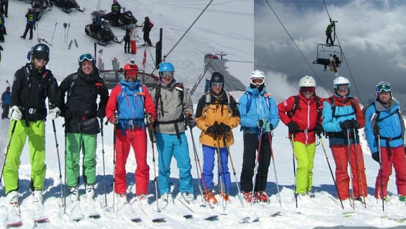 Die Neunergruppe aus OÖ, die am Horror-Sessellift in Georgen saß: Gregor Hartl ist der 3. von rechts. Der 3. von links ist Sven Fölser aus OÖ, Chef von „Kaukasus Freeride“, der sich vor und nach dem Vorfall um alle kümmerte. (Bild: Gregor Hartl)