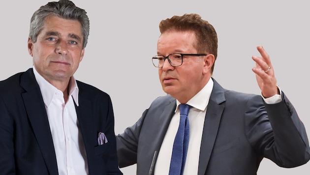 FPÖ-Landtagsklubobmann Herwig Mahr und Integrationslandesrat Rudi Anschober (Grüne). (Bild: Dostal, FPÖ)