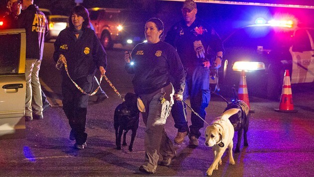 Beamte mit Spürhunden bei der Tatortarbeit in Austin, wo in den vergangenen Tagen mehrere Pakete explodiert sind (Bild: AP)