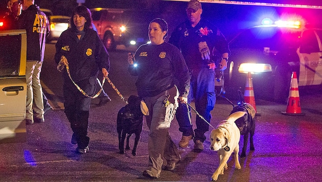 Beamte mit Spürhunden bei der Tatortarbeit in Austin, wo in den vergangenen Tagen mehrere Pakete explodiert sind (Bild: AP)