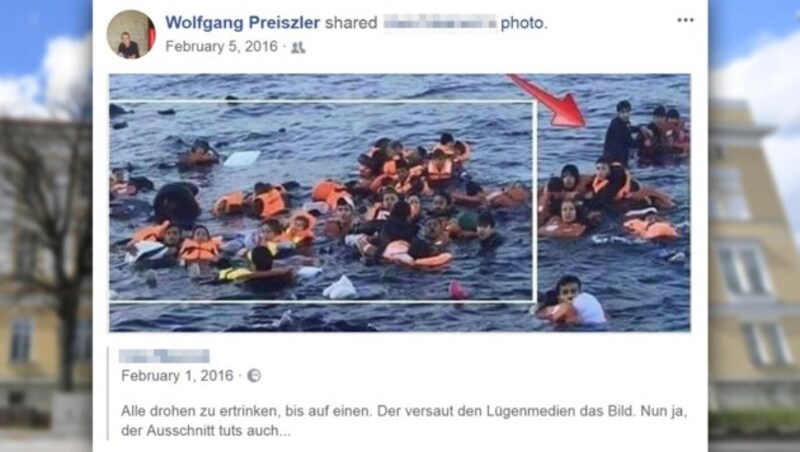 Hier teilt Preiszler einen Artikel der rechten Plattform „unzensuriert.at“, der schon lange unter Flüchtlingskritikern kursiert. Darin wird behauptet, ein Foto von einer Rettung im Mittelmeer wäre gestellt worden. (Bild: APA/HELMUT FOHRINGER, facebook.com, krone.at-Grafik)