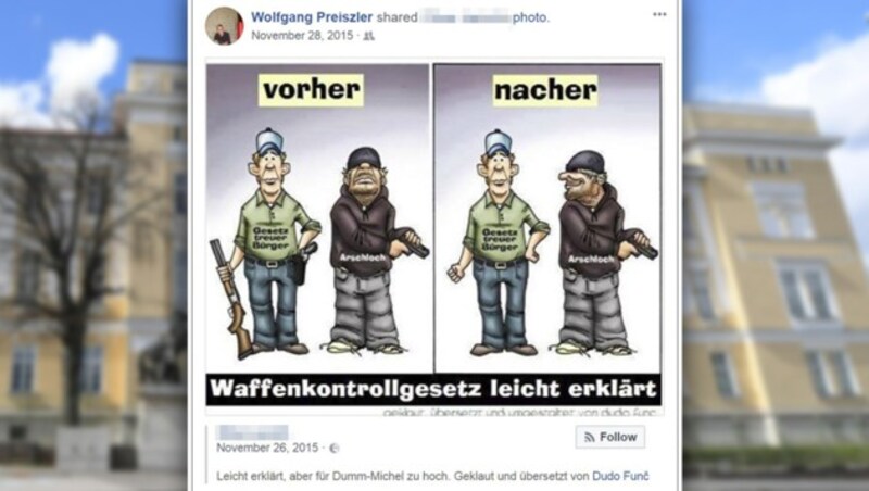 In einem Posting macht Polizist Preiszler seine Ansichten zu Waffenkontrollgesetzen mehr als deutlich. (Bild: APA/HELMUT FOHRINGER, facebook.com, krone.at-Grafik)