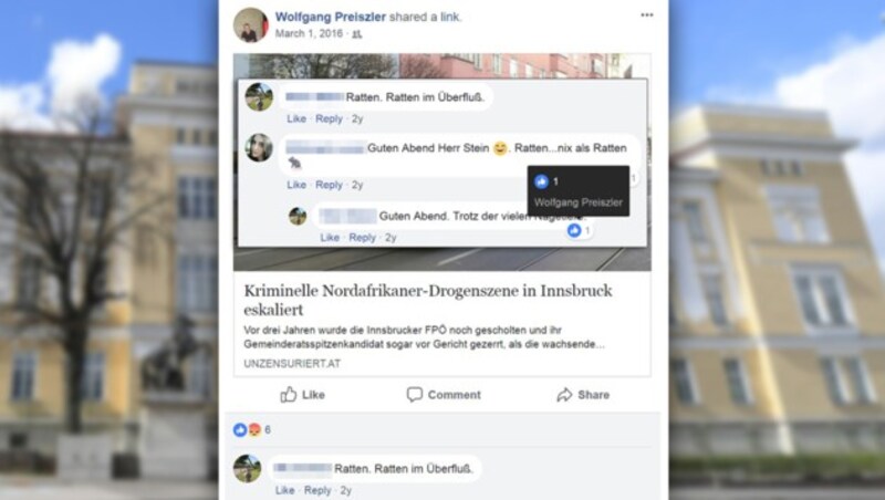 Hier teilt der Beamte einen Artikel der rechten Plattform „unzensuriert.at“, in dem Nordafrikaner in den Kommentaren als „Ratten“ bezeichnet werden. Preiszler gefällt einer dieser Kommentare. (Bild: APA/HELMUT FOHRINGER, facebook.com, krone.at-Grafik)
