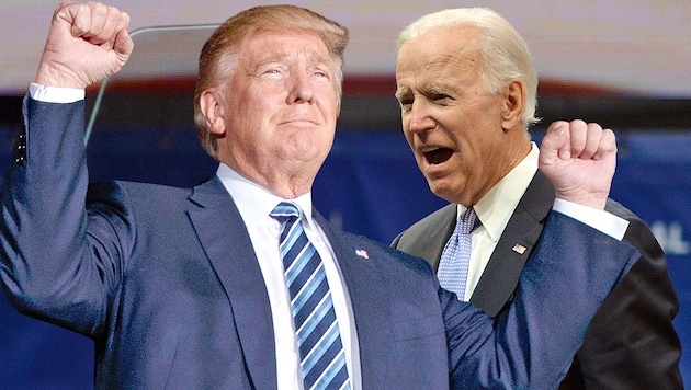 Zwei Polit-Schwergewichte, die offenbar Lust auf einen Boxkampf haben: Donald Trump und Joe Biden (Bild: APA/AFP/MANDEL NGAN, APA/GETTY IMAGES/WILLIAM THOMAS CAIN, krone.at-Grafik)