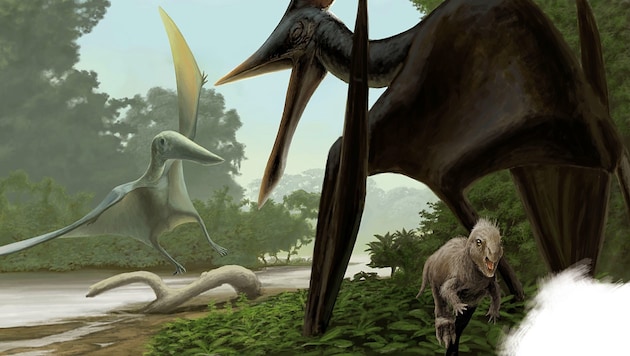 Künstlerische Darstellung: So könnte Flugsaurier „Dracula“ (rechts) ausgesehen haben. (Bild: Frederik Spindler/Dinosaurier-Park Altmühltal)