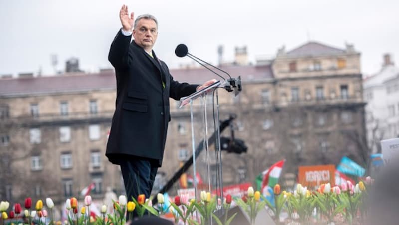 Orban bei einer Wahlkampfrede in Budapest (Bild: AP)