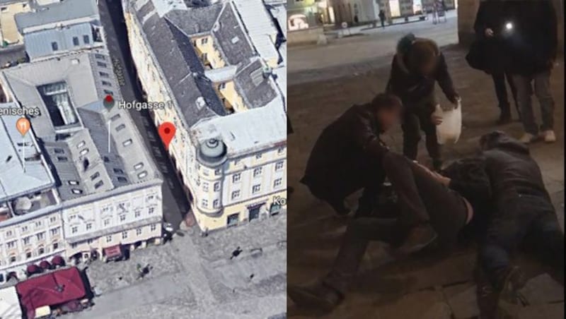 In der Linzer Hofgasse (roter Punkt) ereignete sich der Vorfall. Ein Tram-Kontrolleur (r.) riss Christian L. zu Boden und legte sich auf ihn drauf - Passanten (l.) greifen helfend ein. (Bild: Krone, Screenshot)