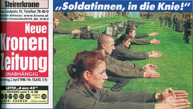 So titelte die „Steirerkrone“ am 2 April 1998, als die ersten Frauen in der Erzherzog-Johann-Kaserne Straß den Dienst antraten. (Bild: Steirerkrone)
