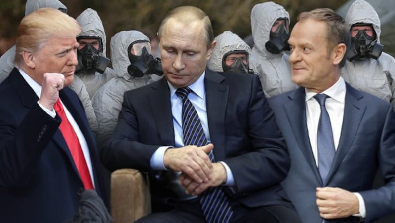 US-Präsident Donald Trump, Russlands Präsident Wladimir Putin und EU-Ratspräsident Donald Tusk (v.l.) (Bild: AFP, AP, krone.at-Grafik)