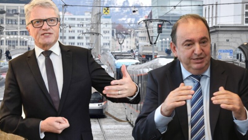 Bürgermeister Klaus Luger (l.) und Linz AG-Generaldirektor Erich Haider setzten nach dem Tram-Eklat wieder auf eigene Kontrolleure. (Bild: © Harald Dostal / 2018)