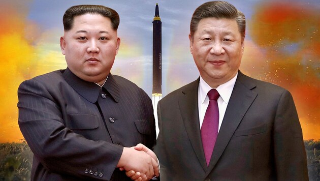 Kim Jong Un mit Xi Jinping (Bild: ASSOCIATED PRESS, krone.at-Grafik)