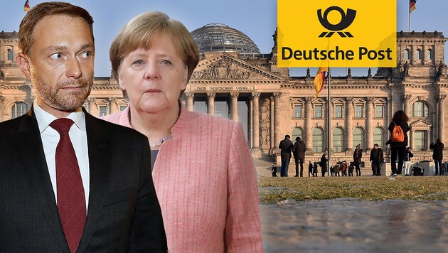 Christian Lindners FDP und Angela Merkels CDU kauften Daten bei der Deutschen Post. (Bild: : APA/AFP/ludovic MARIN, APA/Odd ANDERSEN, APA/Ralf Hirschberger, deutschepost.de, krone.at-Grafik)
