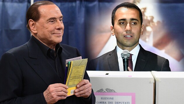 Fünf Sterne-Spitzenpolitiker Luigi Di Maio schließt eine Koalition mit der Unterstützung der mit der Lega verbündeten Forza Italia um Ex Premier Silvio Berlusconi (li.) entschieden aus. (Bild: AFP, krone.at-Grafik)
