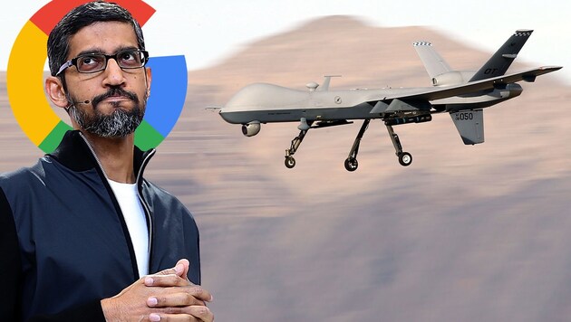 Google-Chef Sundar Pichai vor einer US-Drohne vom Typ MQ-9 Reaper (Bildmontage) (Bild: AFP, Google, krone.at-Grafik)