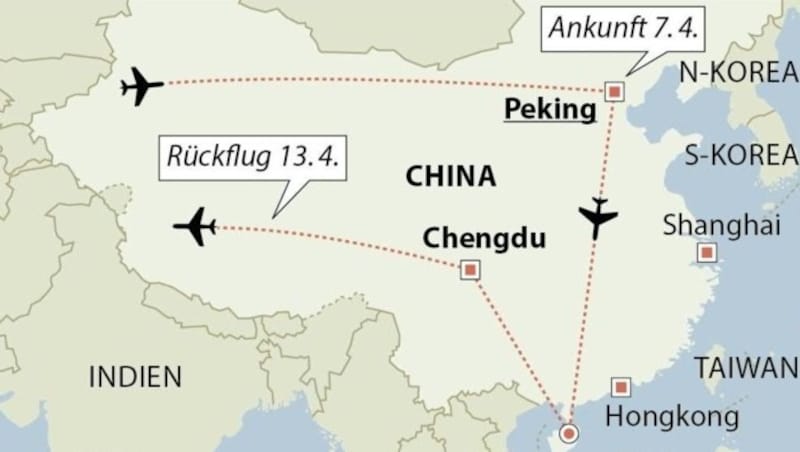 Die Reiseroute des Staatsbesuchs in China (Bild: APA)