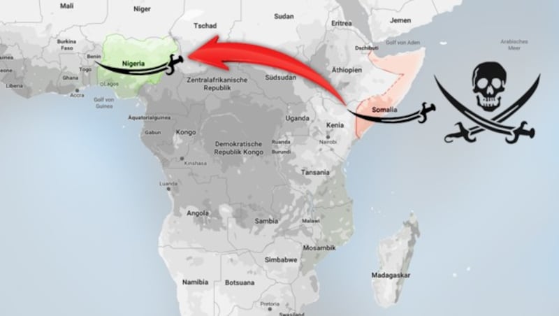 Somalia galt lange als Gefahrengebiet für Seefahrer, doch der Brennpunkt hat sich mittlerweile auf Nigeria verlagert. (Bild: www, Screenshot Google Maps, krone.at-Grafik)