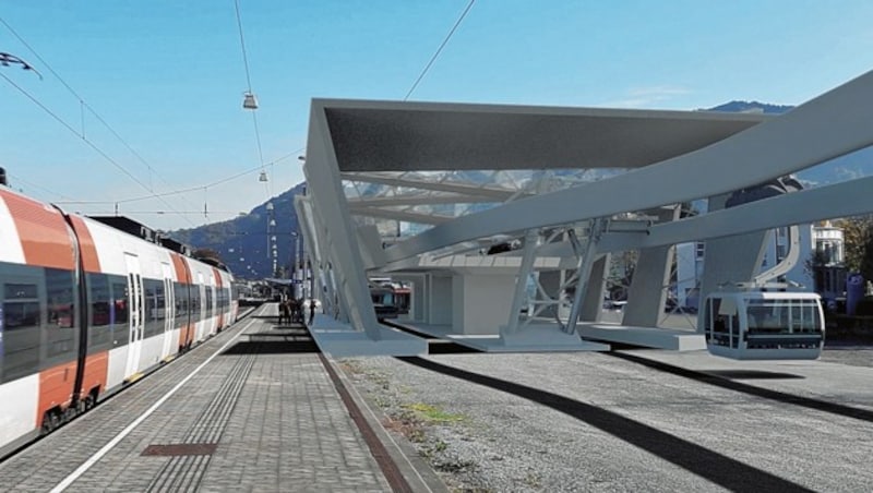 Planspiel der Firma Doppelmayr für eine Stadtseilbahn in Vorarlberg. In Graz soll auf ähnliche Weise der Norden mit dem Süden verbunden werden. (Bild: Kairos/Doppelmayr)