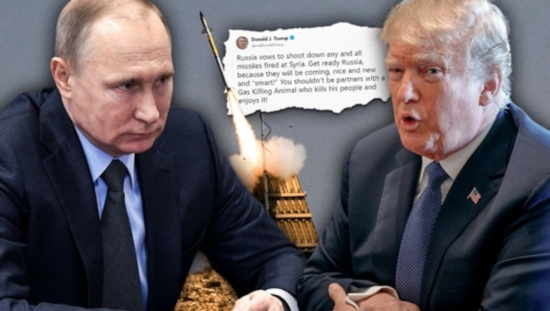 Trump drohte Putin deutlich via Twitter: „Mach dich bereit, Russland, die Raketen werden kommen.“ (Bild: AP, twitter.com, krone.at-Grafik)