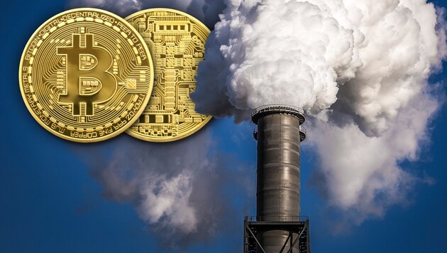 Die Stromproduktion zur Gewinnung von Bitcoins läuft nicht immer umweltfreundlich ab. (Bild: stock.adobe.com, krone.at-Grafik)