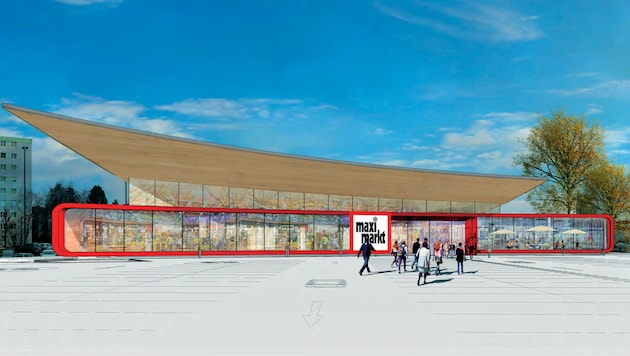 So soll der neue Maximarkt in Ried aussehen, der 2019 eröffnet wird. (Bild: bt-architekten ZT-GmbH)