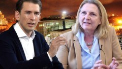 Bundeskanzler Sebastian Kurz und Außenministerin Karin Kneissl setzen sich für Syrien-Gespräche in Wien ein. (Bild: APA, AFP, krone.at-Grafik)