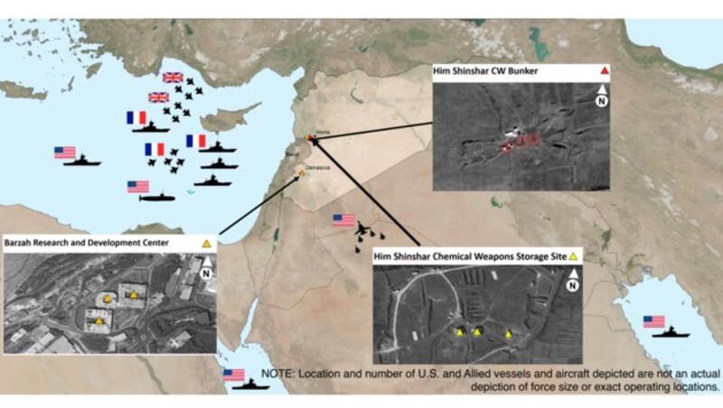 Die Ziele, die von den USA, Frankreich und Großbritannien bei ihrem gemeinsamen Militärschlag angegriffen wurden (Bild: AP)